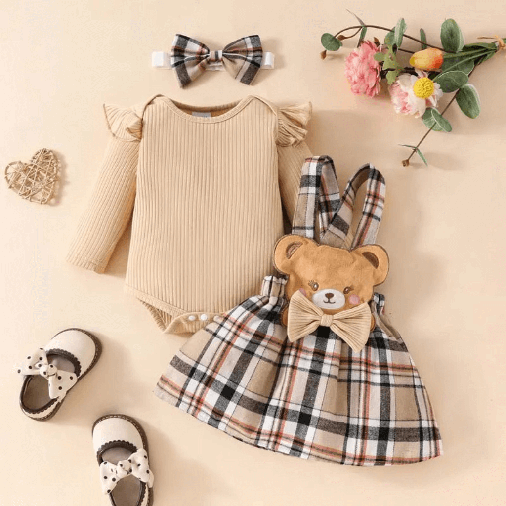 Conjunto Infantil Feminino Body + Saia Xadrez com Laço