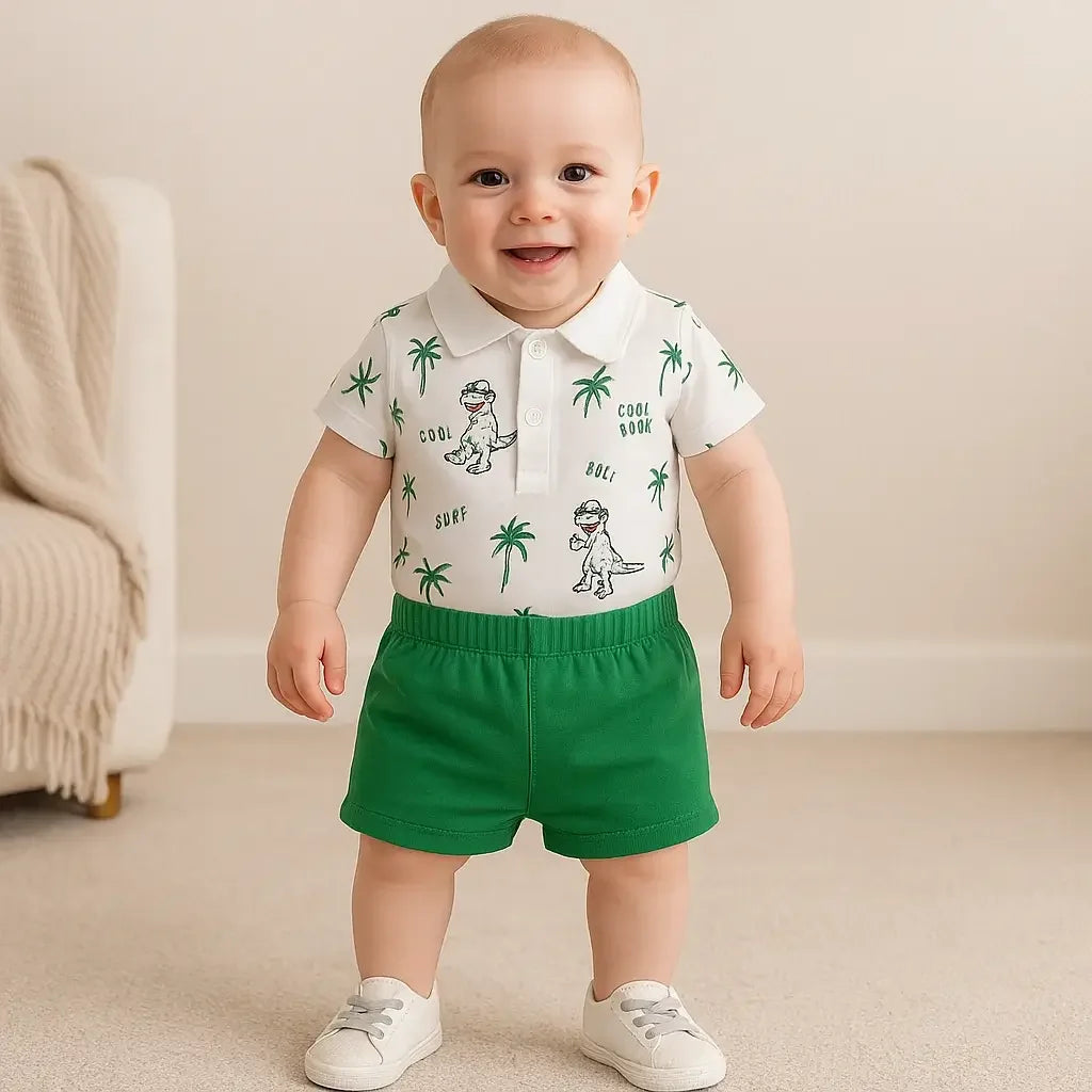 Bebê menino sorridente vestindo conjunto Dino Baby, macacão polo branco com estampa de dinossauro e palmeiras e short verde de algodão, ideal para verão - Baby Hello