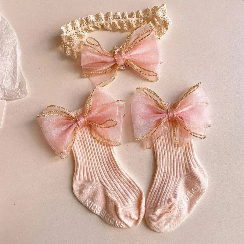 Kit Meia e Faixa com Laço para Bebê Menina