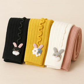 Leggings infantis femininas de tricô com detalhe fofo de coelhinho e flores em várias cores