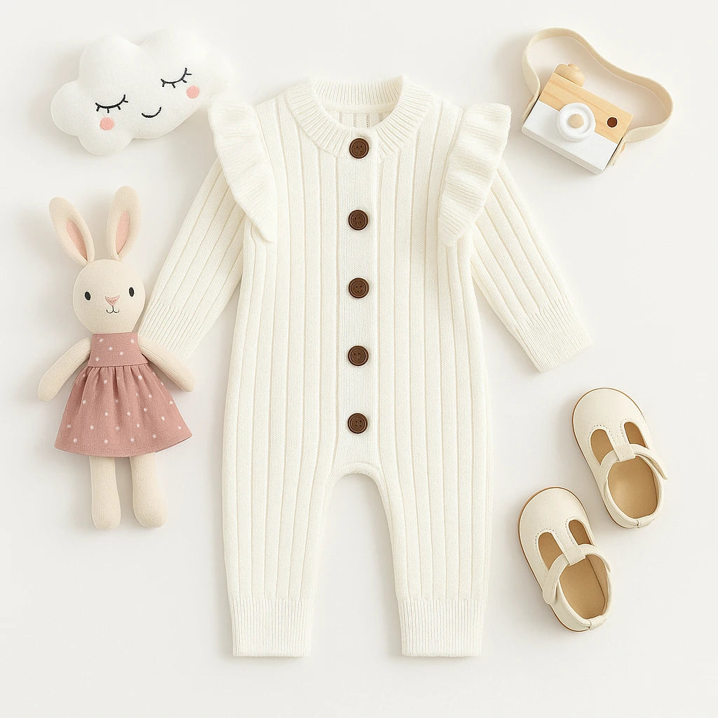 Macacão bebê menina branco de tricô manga longa com botões, acompanhado de sapatinhos, coelhinho de pelúcia e almofada nuvem.