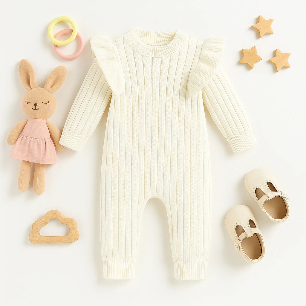 Macacão bebê menina branco em tricô com babados, sapatinhos creme e brinquedos infantis decorativos em fundo branco.