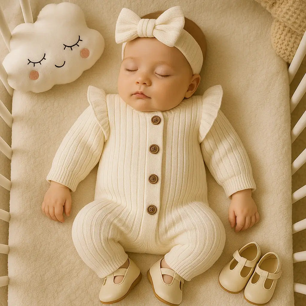 Bebê menina dormindo com macacão branco de tricô, babados nos ombros, faixa com laço e sapatinhos combinando em berço aconchegante