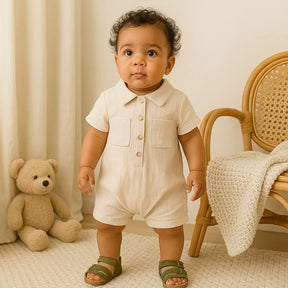 Bebê de 7 meses com pele morena, usando macacão bege de manga curta e sandálias verdes, em pé em ambiente aconchegante com ursinho e cadeira de vime ao fundo.