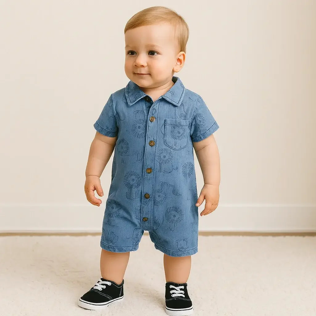 Bebê menino loiro usando macacão jeans azul com estampa de leões e sapatos pretos, em pé sobre tapete claro em ambiente aconchegante.