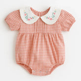 romper xadrez rosa com gola bordada 