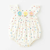 Romper infantil feminino de verão em algodão branco com estampa poá colorida e flores bordadas na parte superior, confortável e fofo
