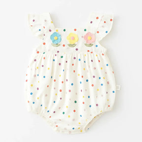 Romper infantil feminino de verão em algodão branco com estampa poá colorida e flores bordadas na parte superior, confortável e fofo