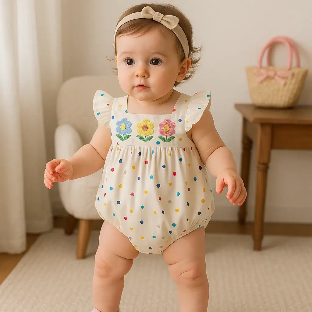 Bebê 9 meses usando romper infantil de verão, estampa poá colorida e flores bordadas fofas.