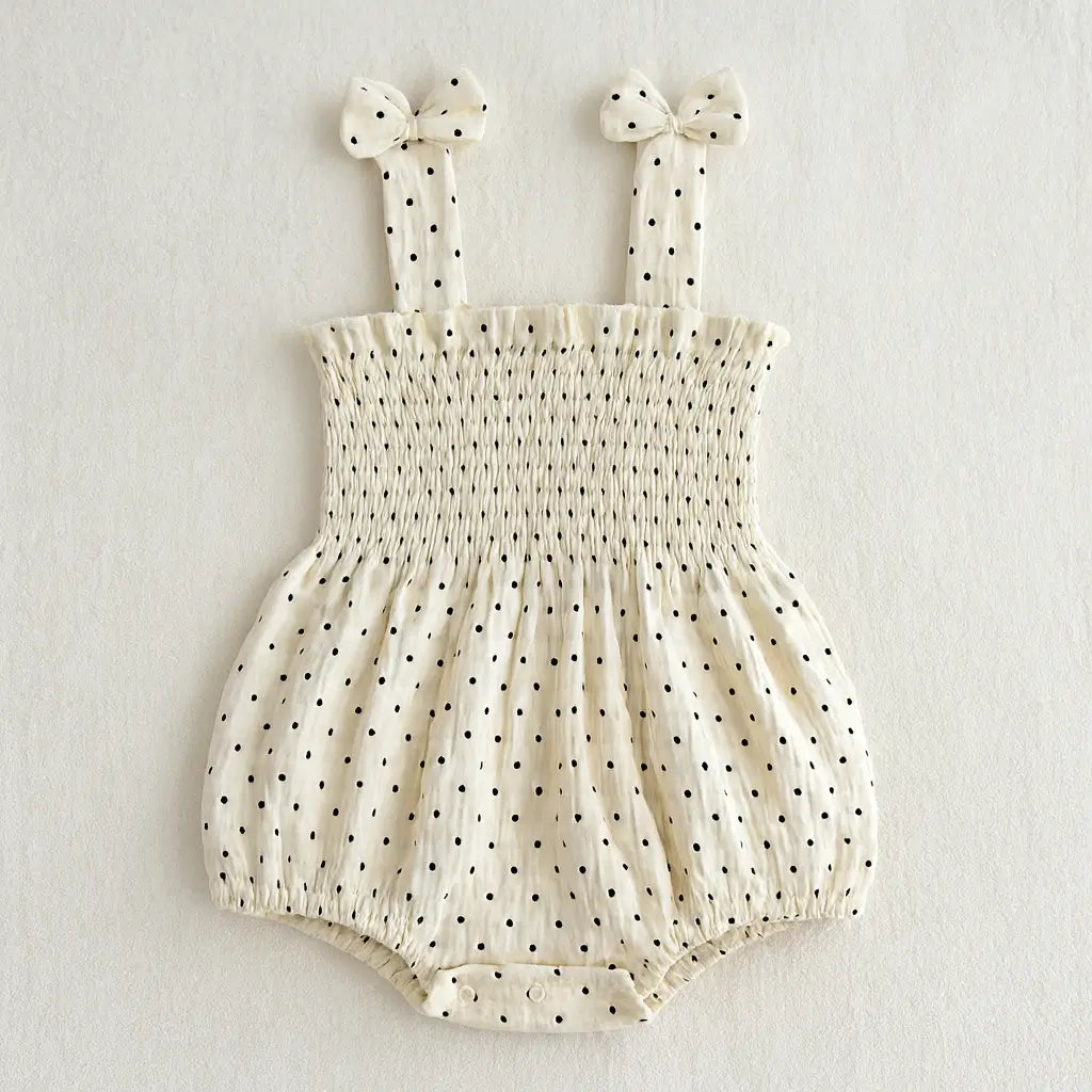 Romper infantil feminino poá com laços nas alças – roupa de verão para bebê 0 a 24 meses, confortável, fresquinho e charmoso."