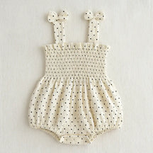 Romper infantil feminino poá com laços nas alças – roupa de verão para bebê 0 a 24 meses, confortável, fresquinho e charmoso."