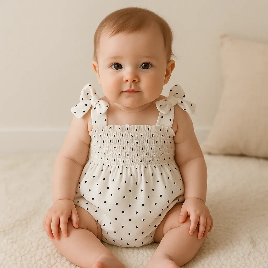 Romper infantil poá com laços para bebê menina