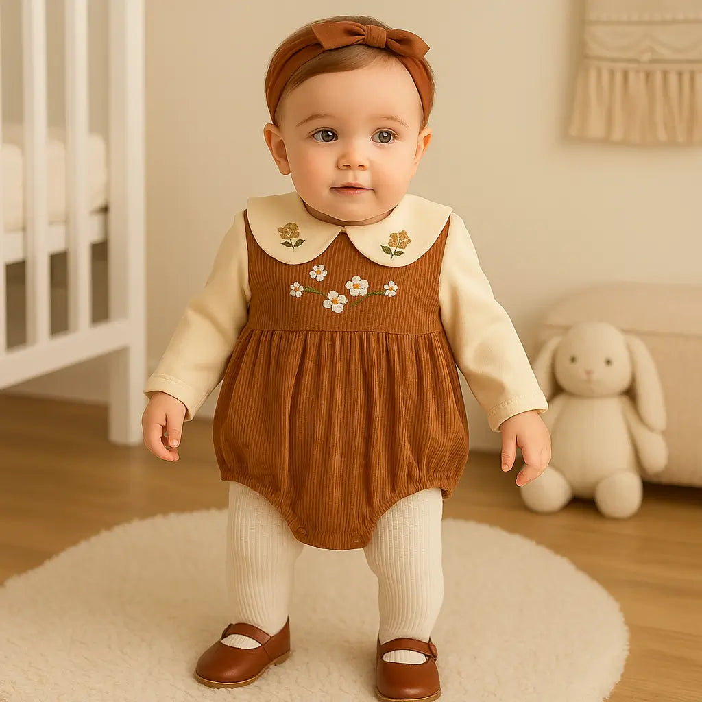 Bebê menina 9 meses usando romper marrom gola bordada com meia calça branca