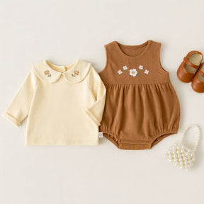 onjunto bebê menina blusa creme gola bordada e romper marrom com flores