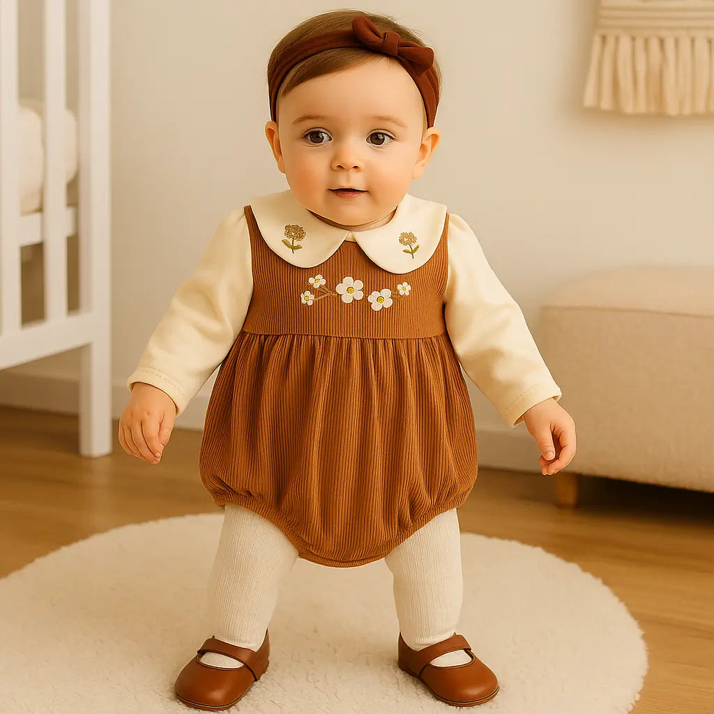 Look bebê menina romper marrom gola bordada com sapatinhos marrons e faixa
