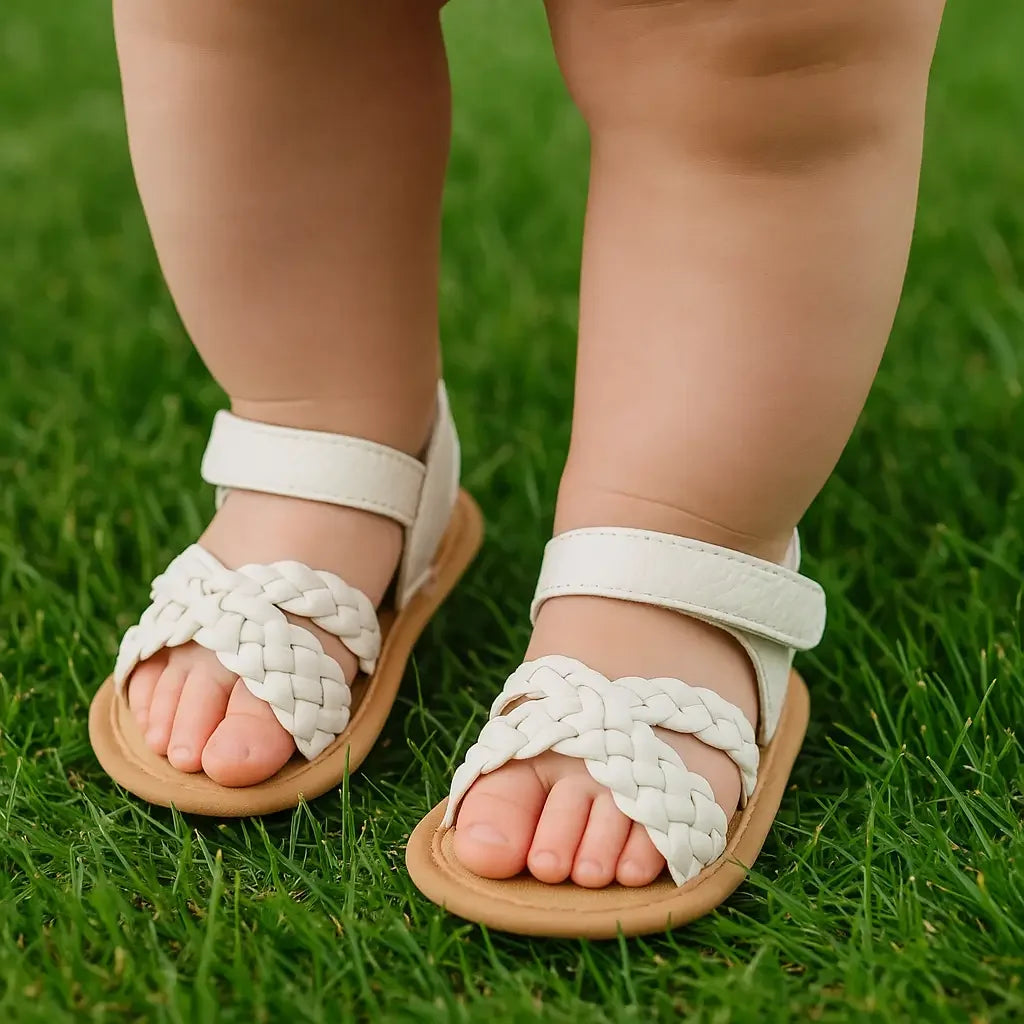 Close-up dos pés de um bebê com pele clara usando sandálias infantis trançadas na cor branca, com fechamento em velcro, sobre grama verde."