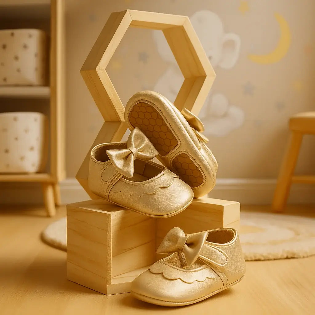 Sapatinho de bebê dourado com laço e sola antiderrapante, exposto em cenário infantil aconchegante com blocos de madeira.
