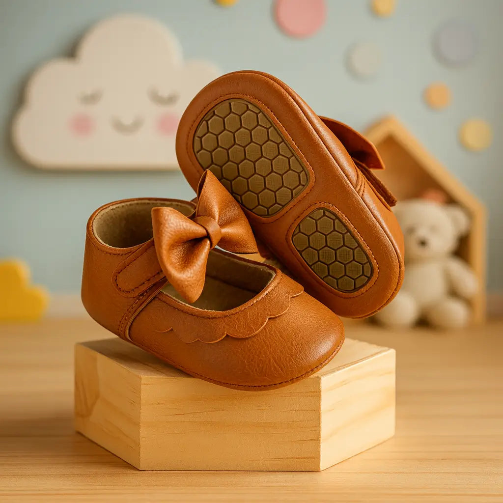 Sapatinho marrom para bebê primeiros passos com laço delicado e sola antiderrapante, exposto em cenário infantil aconchegante.