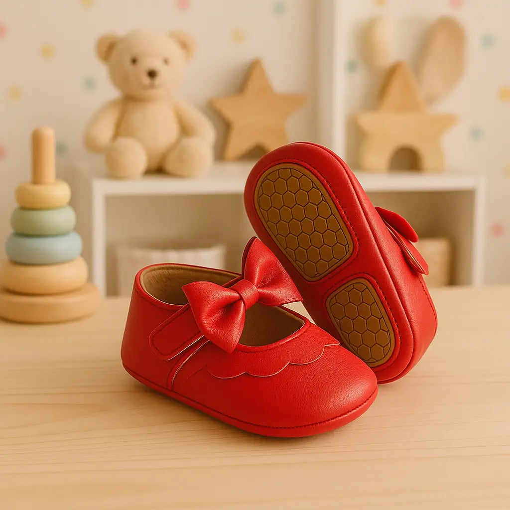 Sapatinho vermelho de bebê com laço e sola antiderrapante, exposto em cenário aconchegante de quarto infantil.