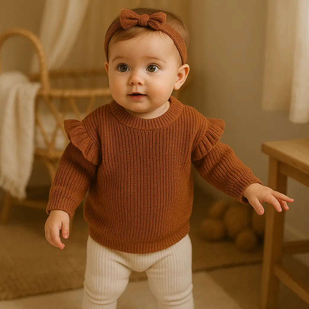 bebe-9-meses-sueter-malha-marrom-babados-look-infantil-aconchegante