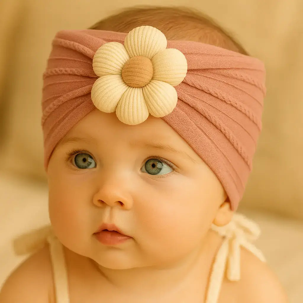 Bebê usando turbante rosa com flor de tecido no centro, acessório delicado e confortável para meninas de 0 a 18 meses