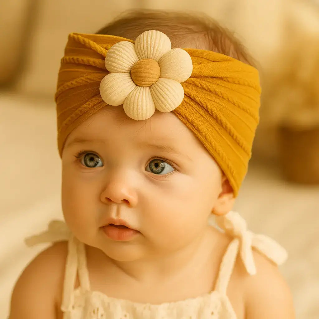 Bebê usando turbante laranja com flor de tecido no centro, acessório delicado e confortável para meninas de 0 a 18 meses.