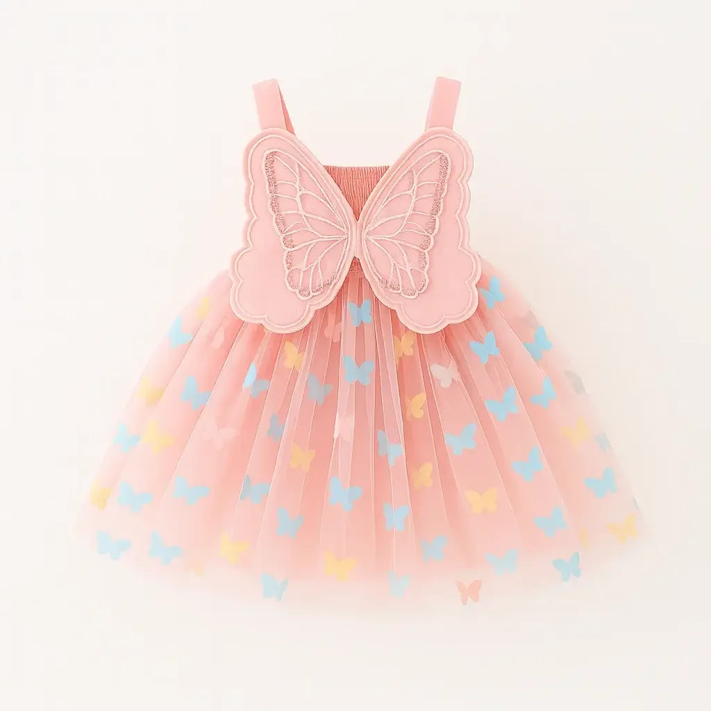 Vestido infantil rosa com tule estampado de borboletas coloridas e detalhe de asas de borboleta bordadas nas costas.