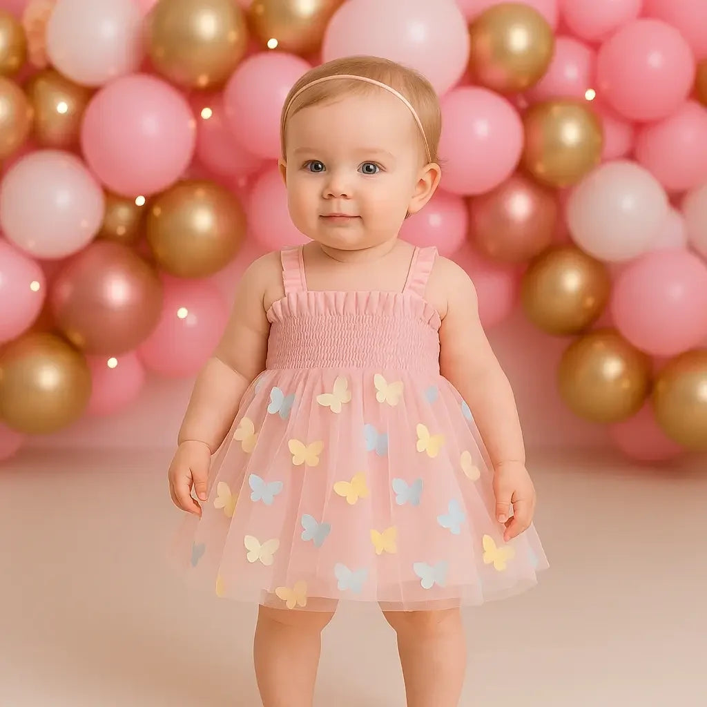 Bebê vestindo vestido infantil rosa de tule com borboletas coloridas, alças finas e fundo decorado com balões rosa e dourado
