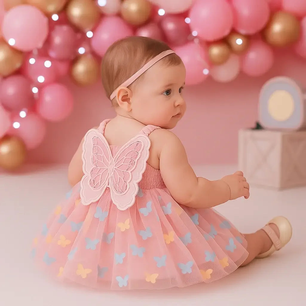 Bebê sentada em cenário rosa com balões dourados e rosados, usando vestido infantil rosa com saia de tule estampada de borboletas coloridas e detalhe de borboleta bordada nas costas."