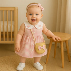 Menina bebê com vestido rosa xadrez, gola Peter Pan com corações, headband rosa, bolsinha de palha com laço; quarto aconchegante.