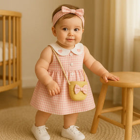 Menina bebê com vestido rosa xadrez, gola Peter Pan com corações, headband rosa, tênis brancos e bolsinha transversal em quarto iluminado por luz natural.