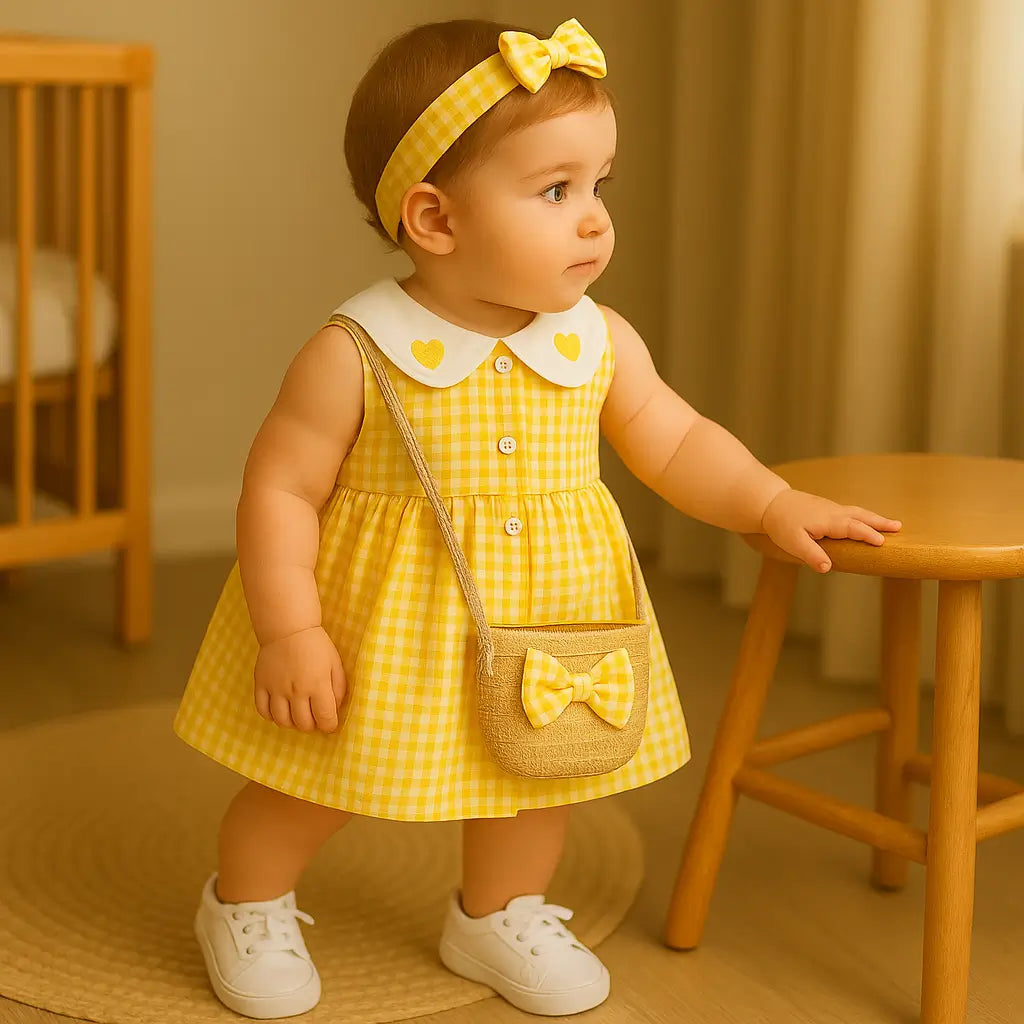 Menina bebê com vestido vichy amarelo e bolsinha com laço, mão apoiada no banco, berço ao fundo, luz natural suave.