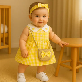 Bebê 9 meses sorrindo com vestido xadrez amarelo, gola branca de corações, headband amarela, bolsinha de palha e tênis branco em nursery iluminada.