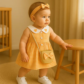 Menina bebê com vestido vichy laranja e bolsinha transversal com laço, headband laranja e tênis branco; berço ao fundo, luz natural.
