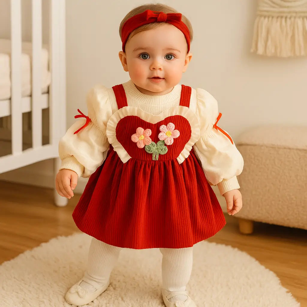 Bebê menina 9 meses com vestido infantil vermelho coração e blusa manga longa