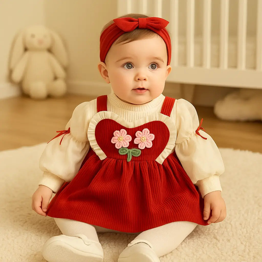 Conjunto infantil bebê menina vestido vermelho coração e blusa branca manga longa