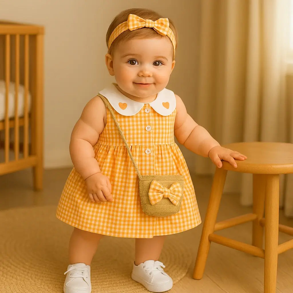 Bebê 9 meses sorrindo com vestido xadrez laranja, gola de corações, faixa combinando, tênis branco e bolsinha de palha; quarto iluminado por luz natural.