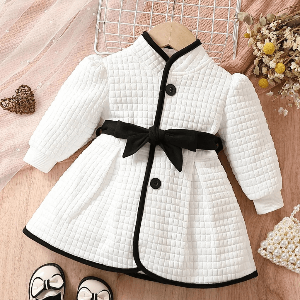 Casaco Térmico Infantil  Feminino com Cinto - Preto e Branco