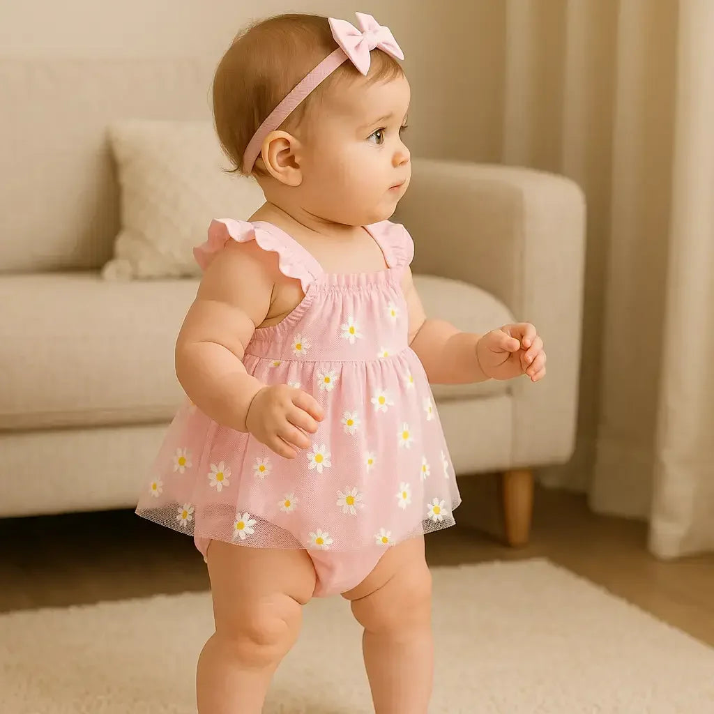 Bebê menina em pé, usando body rosa com saia de tule estampada de margaridas e faixa de cabelo com laço rosa, em cenário aconchegante de sala